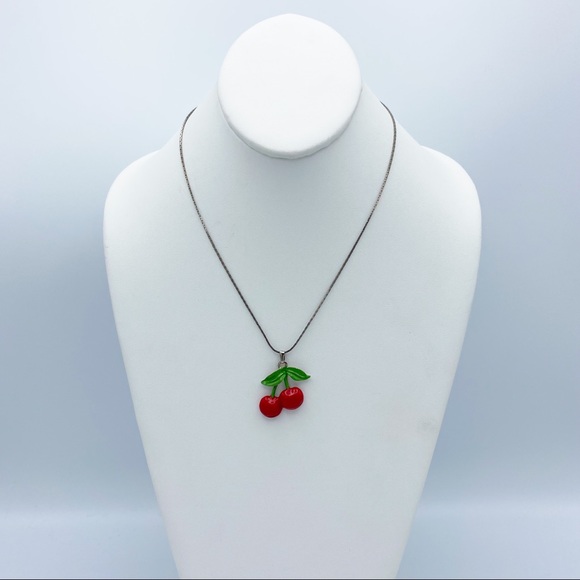 Cherry Pendant Red Green Enamel Silver Plated Chain Necklace - Picture 11 of 12